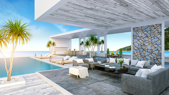A Modern Beach House,  private swimming pool ,panoramic sky and sea view , 3d rendering