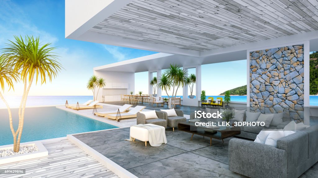A Modern Beach House,  private swimming pool ,panoramic sky and sea view , 3d rendering Vacation Rental Stock Photo