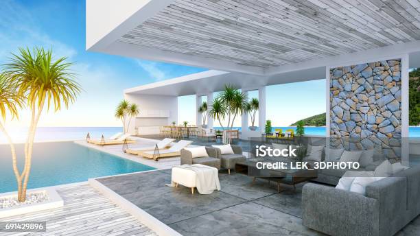A Modern Beach House Private Swimming Pool Panoramic Sky And Sea View 3d Rendering Stock Photo - Download Image Now