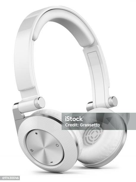 Silver Wireless Earphones Stock Photo - Download Image Now - Headphones, Cut Out, White Color
