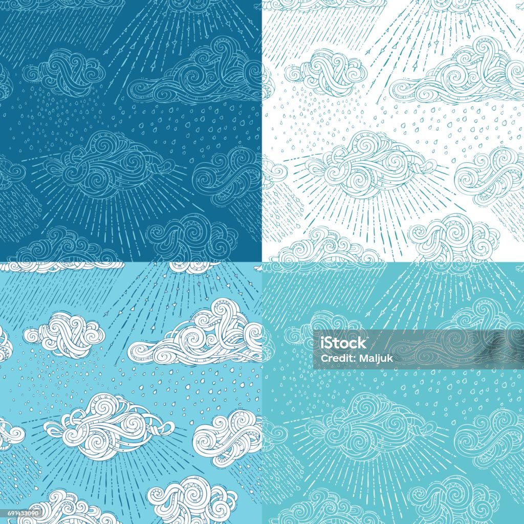 Vector set of shower seamless patterns. Doodles clouds and rain drops. Cartoon boundless wet weather background. Hand-drawn swirls, curls and spirals. Pattern stock vector
