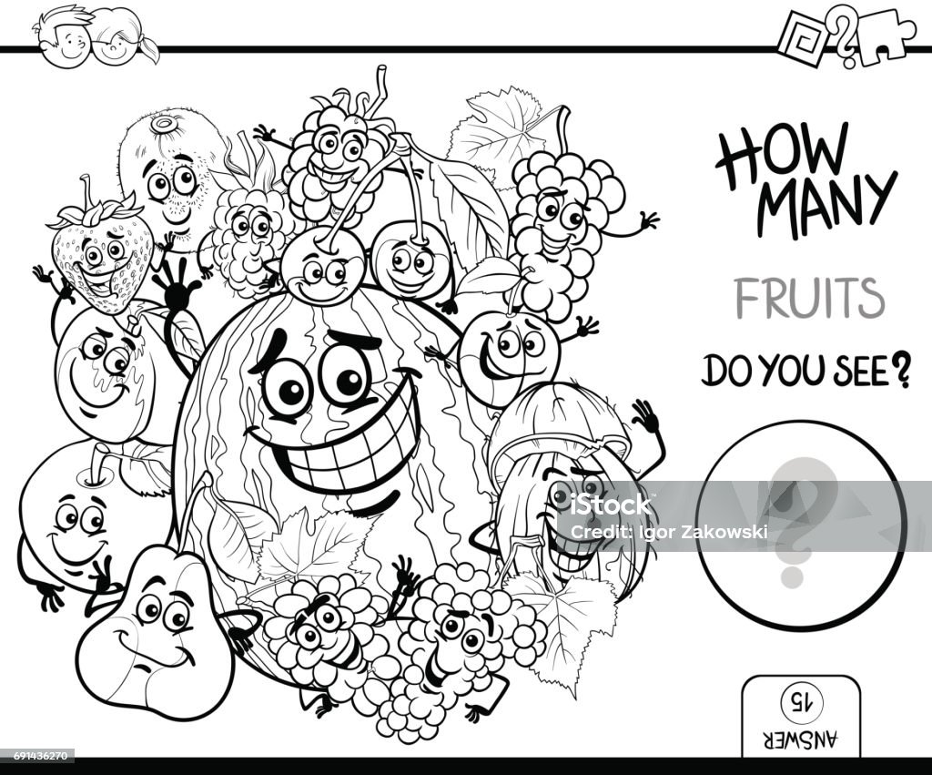 counting fruits coloring page Black and White Cartoon Illustration of Educational Counting Activity Game for Children with Fruit Characters Group Coloring Page Coloring Book Page - Illlustration Technique stock vector