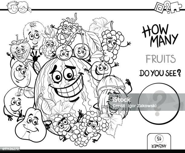 Counting Fruits Coloring Page Stock Illustration - Download Image Now - Coloring Book Page - Illlustration Technique, Strawberry, Apple - Fruit