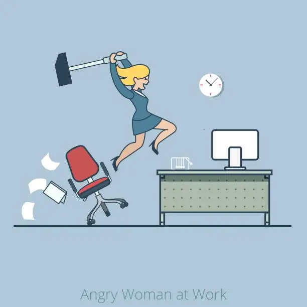 Vector illustration of Linear Flat businesswoman crashing office desk with huge hummer vector illustration. Angry woman at work Business concept.