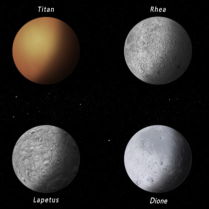 imaginary illustration of four best known Saturn moons