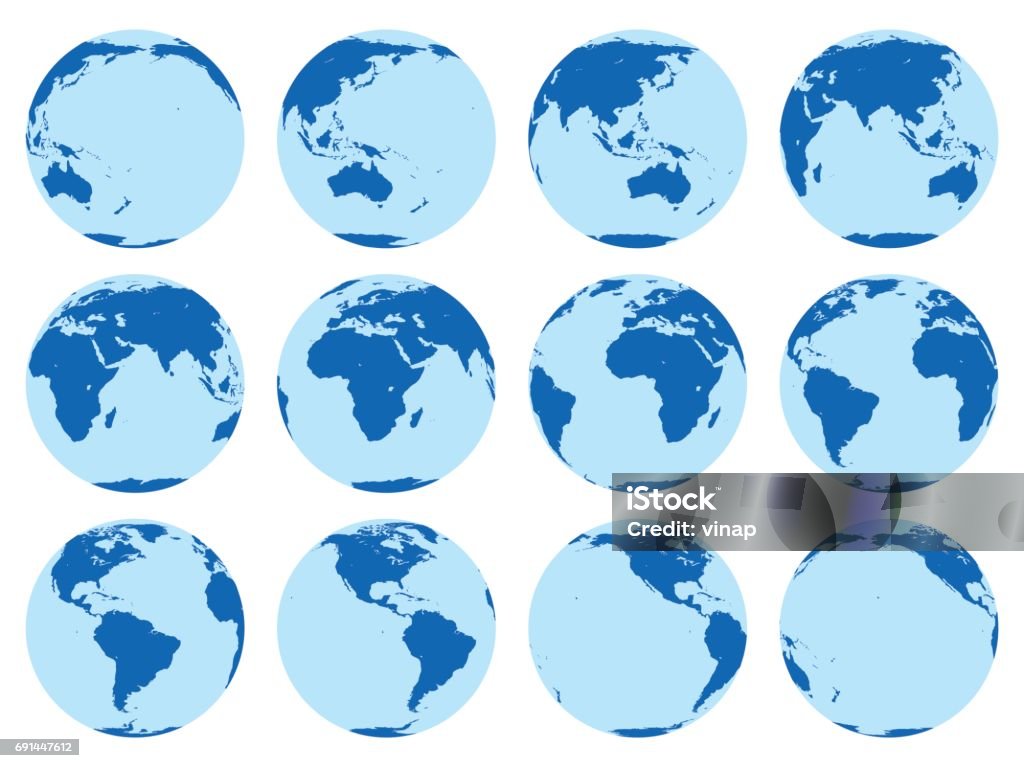 Vector set 12 flache Globen, die Erde in 30-Grad-Umdrehung. - Lizenzfrei Globus Vektorgrafik