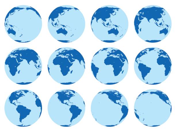 Vector set of 12 flat globes showing earth in 30 degrees rotation. Vector set of 12 flat globes showing earth rotation in two hours period. 30 degrees rotation. turning illustrations stock illustrations