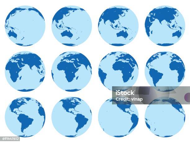 Vector Set Of 12 Flat Globes Showing Earth In 30 Degrees Rotation Stock Illustration - Download Image Now