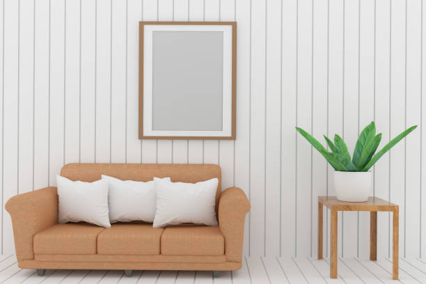 istock sofa in white room design with mock up frame photo and houseplant in 3D rendering 691448332