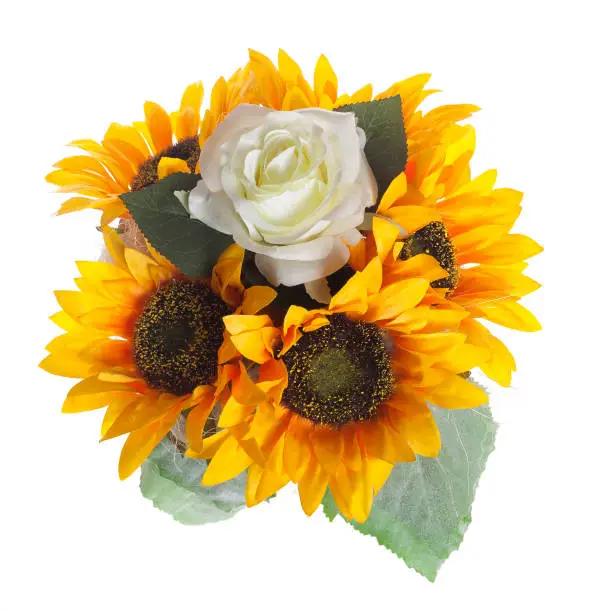 Floral composition with sunflowers and white roses