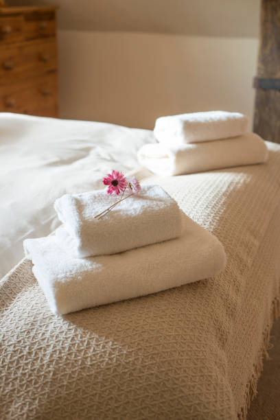 istock Two Stacks of Folded Towels on Bed 691449630