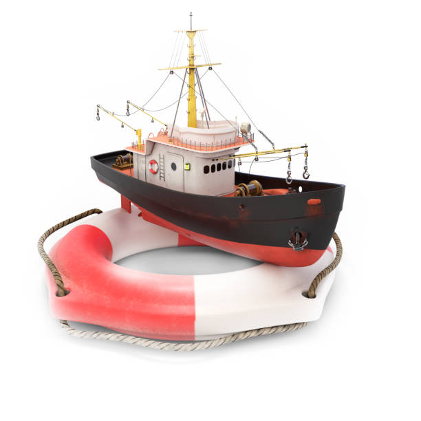 Fishing trawler in lifebuoy on white background. 3d render