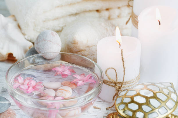 istock Composition of spa treatment on wooden background 691464738