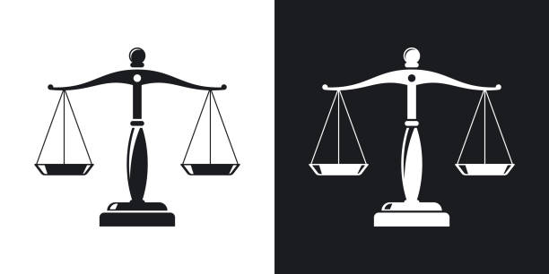 Vector vintage scales of justice icon. Two-tone version Vector vintage scales of justice icon. Two-tone version on black and white background equal arm balance stock illustrations