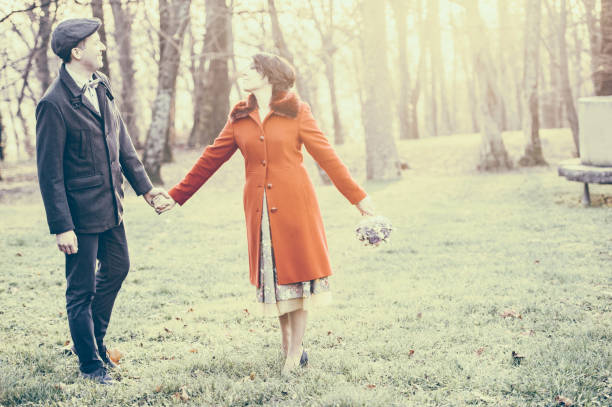 Wedding Couple Walking in Autumn Nature