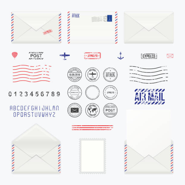 ilustrações de stock, clip art, desenhos animados e ícones de set of post stamp symbols, mail envelope, icons, - postage stamp backgrounds correspondence delivering