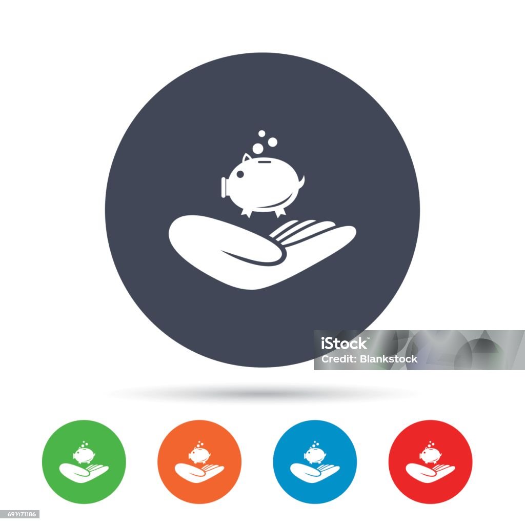 Donation hand sign icon. Charity or endowment. Donation hand sign icon. Hand holds Piggy bank. Charity or endowment symbol. Human helping hand palm. Round colourful buttons with flat icons. Vector Art stock vector