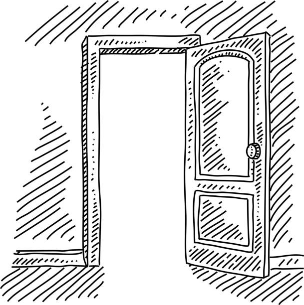 Open Door Concept Drawing Line drawing of Open Door Concept. Elements are grouped.contains eps10 and high resolution jpeg. door illustrations stock illustrations
