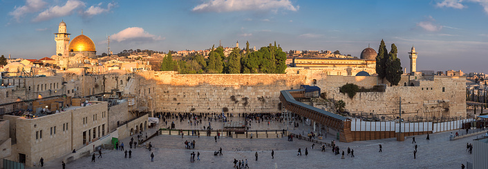Panorama of Temple Mount - Western Wall and Golden Dome of the Rock in Jerusalem Old City, Israel.
