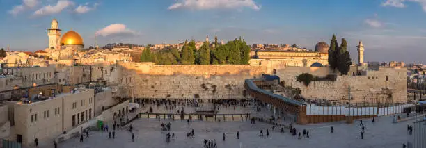 Panorama of Temple Mount - Western Wall and Golden Dome of the Rock in Jerusalem Old City, Israel.