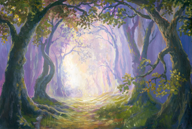 Enigmatic forest, oil painting Enigmatic forest, oil painting fairy tale stock illustrations