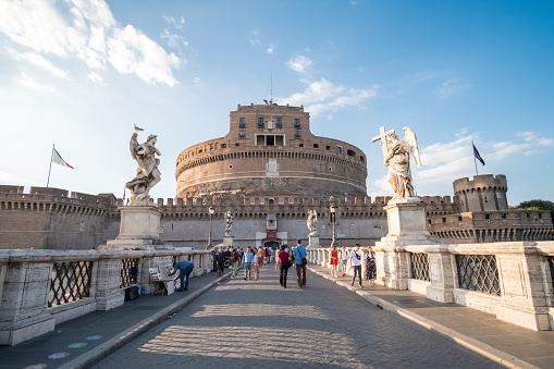 Rome, Italy. 17 May 2017 : View of Castel Sant'Angelo or Mausoleum of Hadrian on Sant'Angelo bridge along Tiber River.