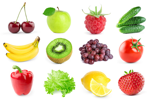 Collection of fruits and vegetables on white background. Fresh food. Healthy