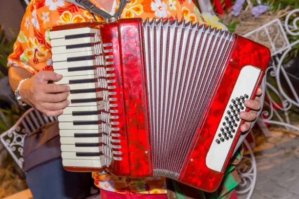 A man wears colorful shirt and plays the red accordion, the street musician.