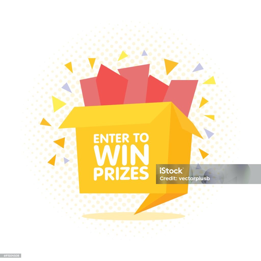 Print Enter to win prizes gift box. Cartoon origami style vector illustration. Winning stock vector