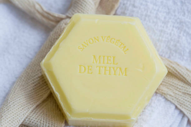 istock Organic thyme honey soap on cotton towels 691507138