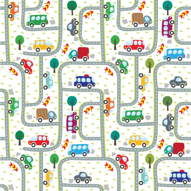Cars on the road. Seamless pattern. Funny cars on the road. Seamless pattern of small car, van, lorry, bus with trees and signs. Children vector illustration. Kids background small bus stock illustrations