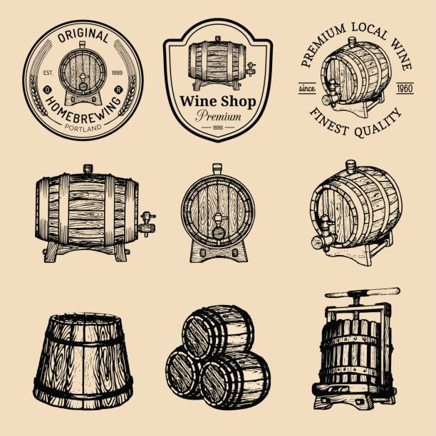 Wooden barrels collection for alcohol drinks icons or signs. Hand sketched kegs emblems. Whiskey, beer, wine symbols set.