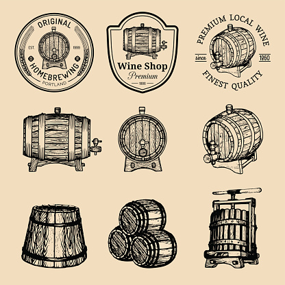Wooden barrels collection for alcohol drinks icons or signs. Hand sketched kegs emblems. Whiskey, beer, wine symbols set.