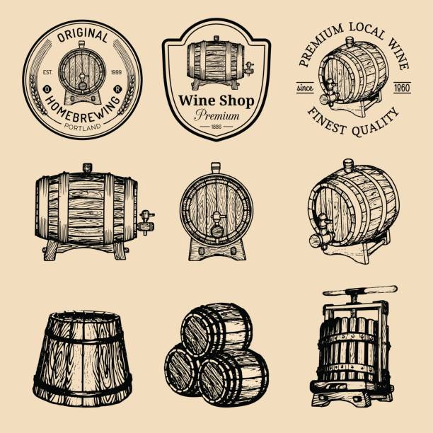 Wooden barrels collection for alcohol drinks icons or signs. Hand sketched kegs emblems. Whiskey,beer,wine symbols set. Wooden barrels collection for alcohol drinks icons or signs. Hand sketched kegs emblems. Whiskey, beer, wine symbols set. keg stock illustrations