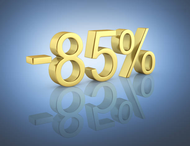 istock Gold text 85 percent off on dark blue gradient background with reflection 3D render 691531746