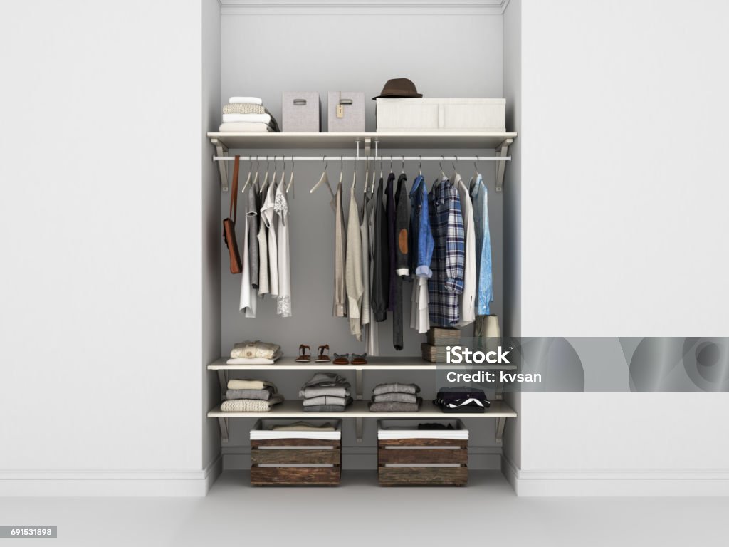 Wardrobe built-in wall with clothes 3d render Closet Stock Photo