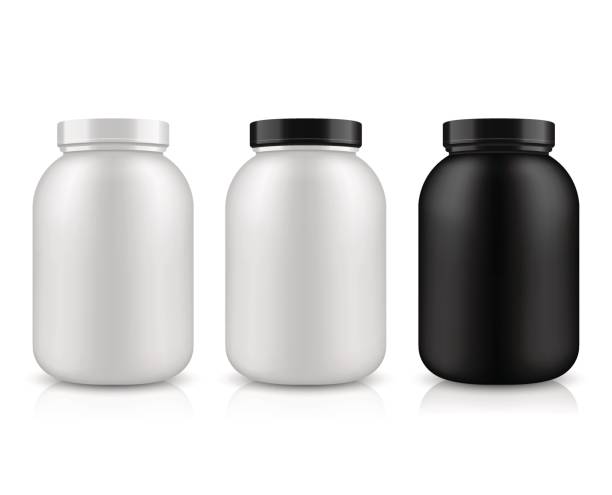 Vector packaging layout. Vector illustration with the image of packing. Package design. Mock up image. Sport Nutrition Containers. Plastic Jars and foil package and drink bottle. protein powder bottle stock illustrations