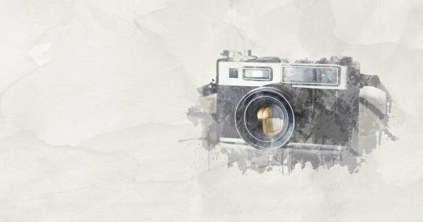 Selectively colored image of a girl holding an old film camera. Shallow focus.