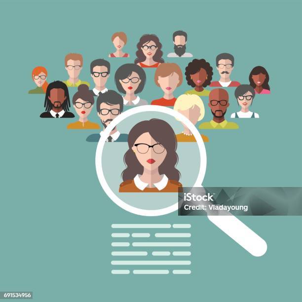 Vector Illustration Of Human Resources Management Staff Research Head Hunter Job With Magnifying Glass In Flat Style Stock Illustration - Download Image Now