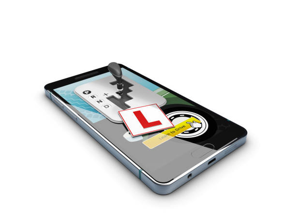 istock 3d Illustration of Smartphone with gear shift, Online register school driver. 691535268