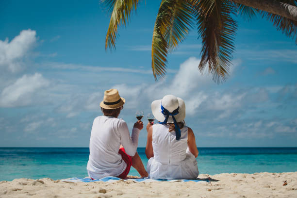 istock happy loving couple drinking wine at tropical beach 691544290