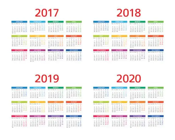 Vector illustration of Calendar 2017 2018 2019 2020: Monday - Sunday