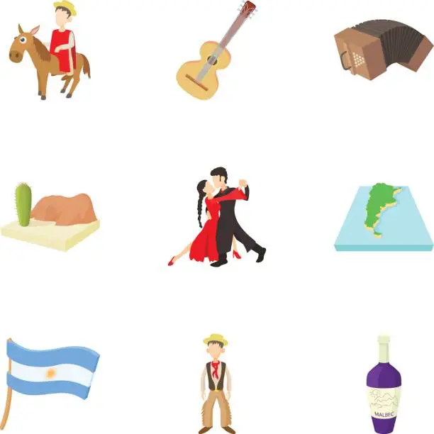 Vector illustration of Tourism in Argentina icons set, cartoon style