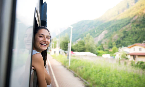 istock Smiling woman looking at the view from train. 691550768