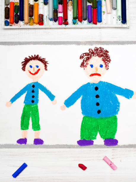 istock Colorful drawing: Smiling slim boy and obese sad boy. Weight loss. 691551952