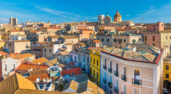 Cagliari - Sardinia, Italy: Cityscape of the old city center in the capital of Sardinia, wide angle panorama, view from the rooftop.