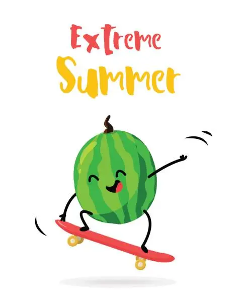 Vector illustration of Cartoon watermelon with skateboard. Extreme Summer card. Flat style. Vector illustration