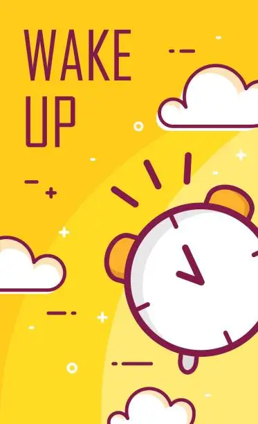 Vector illustration of Wake up poster with alarm clock. Thin line flat design. Vector good morning background.