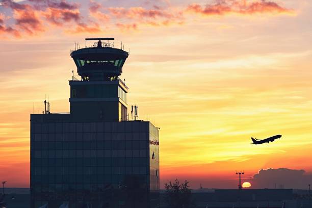 Air Traffic Control Tower Air Traffic Control Tower at the airport during amazing sunset. Prague, Czech Republic air traffic control tower stock pictures, royalty-free photos & images