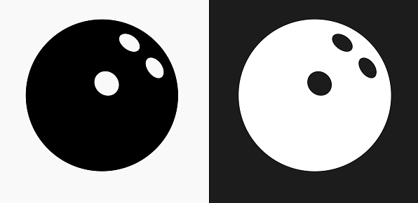 Bowling Ball Icon on Black and White Vector Backgrounds. This vector illustration includes two variations of the icon one in black on a light background on the left and another version in white on a dark background positioned on the right. The vector icon is simple yet elegant and can be used in a variety of ways including website or mobile application icon. This royalty free image is 100% vector based and all design elements can be scaled to any size.